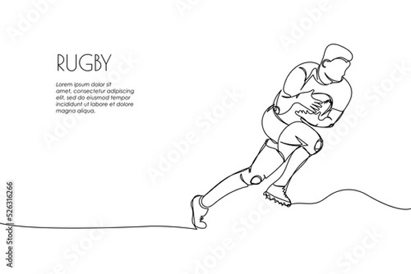 Obraz Web banner rugby player with ball, forward one line art. Continuous line drawing of promotion poster american football, game, sport, soccer ball, activity, training, running, competition, cleats.