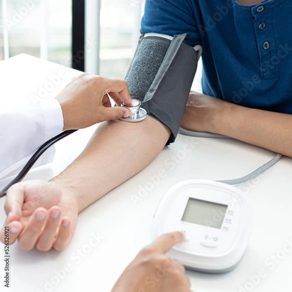 Fototapeta Female doctors use blood pressure monitors and stethoscope to measure pulse Diagnose the patient's disease in a modern hospital medical laboratory, Medical treatment and health care concept.