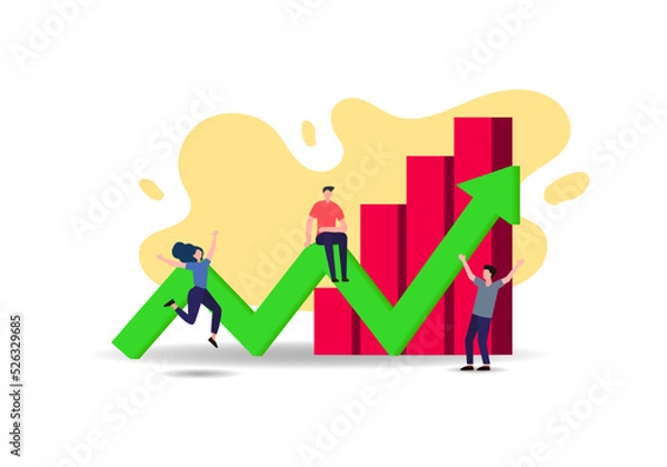 Fototapeta Arrow stock indicates the trend of the stock market uptrend. A man was sitting above the arrow and a group of people was happy There is a red candle in the back.