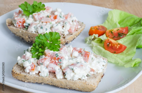 Obraz Bread with tomato and cottage cheese