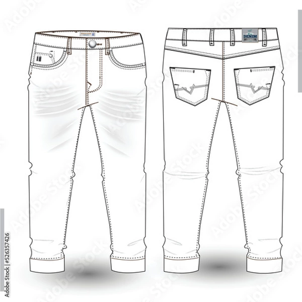 Fototapeta Denim Pant flat sketch design. Denim long pant Technical Fashion Illustration. Denim pant technical sketch for tech pack design and mockup 