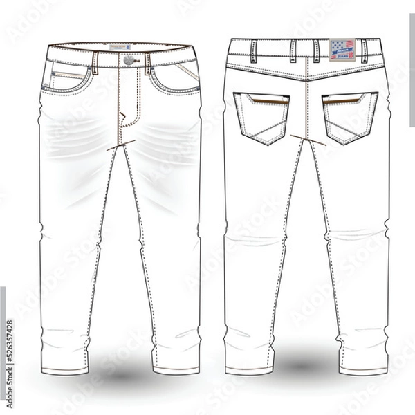 Fototapeta Denim Pant flat sketch design. Denim long pant Technical Fashion Illustration. Denim pant technical sketch for tech pack design and mockup 