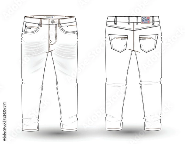 Fototapeta Denim Pant flat sketch design. Denim long pant Technical Fashion Illustration. Denim pant technical sketch for tech pack design and mockup 