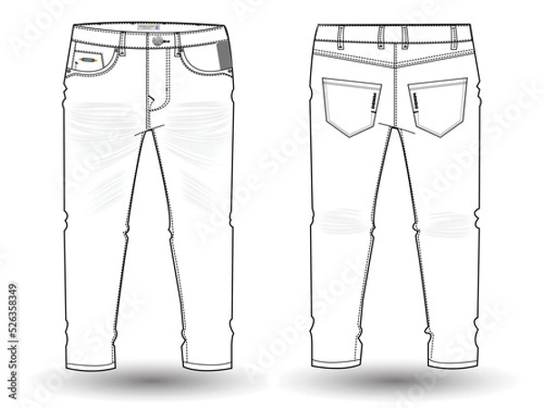Fototapeta Denim Pant flat sketch design. Denim long pant Technical Fashion Illustration. Denim pant technical sketch for tech pack design and mockup 