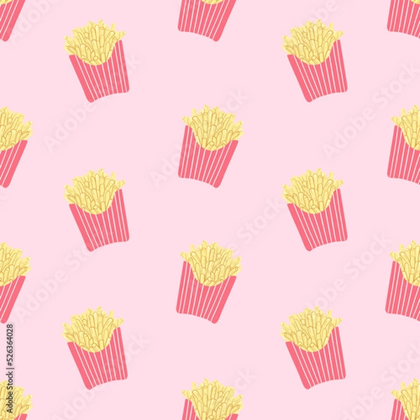 Obraz  Seamless pattern with french fries on a pink background. Potato in paper box. Vector illustration of fast food. Doodle style