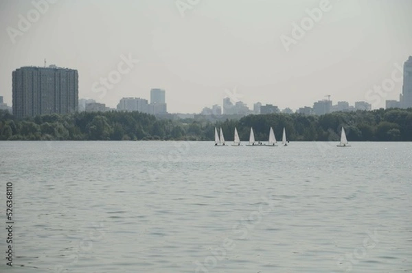 Fototapeta Several saps with sails on the lake against the background of the urban landscape. Summer expensive leisure. Calm water surface. Yacht club. Sport competitions. Summer vacation on the water.