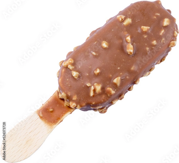 Obraz Ice cream bar on wooden stick with nuts in dark or milk chocolate coating png