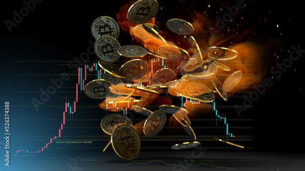 Fototapeta Disintegration of a BTC bitcoin token. Cryptocurrency collapse related conceptual 3D rendering