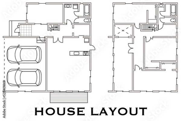 Obraz 架空のビルトインガレージつき戸建て住宅２階建の平面図 間取り図