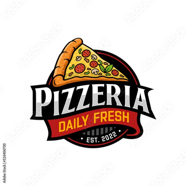Obraz Pizzeria Vector Emblem on blackboard. Pizza logo template. Vector emblem for cafe, restaurant or food delivery service.