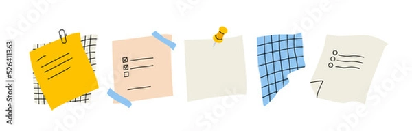 Obraz Paper notes. Various pieces of paper on stickers, sticky tape, button and paperclip. Blank templates, sheet for notes, to do list, reminders. Torn sheets of paper,checkered sheets. Vector illustration