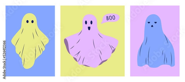 Obraz Ghost set. Funny multicolored ghost monsters on colored background for Halloween. Flying fabric, phantoms in different poses and with different emotions, cartoon creepy characters. Vector illustration