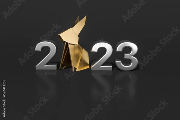 Fototapeta Origami luxury gold bunny rabbit with 2023 number Isolated on black background 3d rendering. 3d illustration Chinese happy new year 2023. Year of the Rabbit.