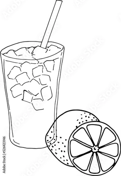 Fototapeta Lemon ice juice outline black and white design vector. Cute drawing  for decoration and painting for kids.