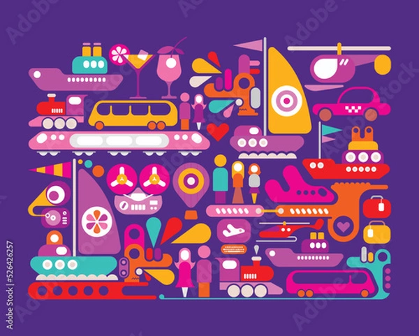Obraz Bright colors isolated on a violet background Happy Travel vector illustration.