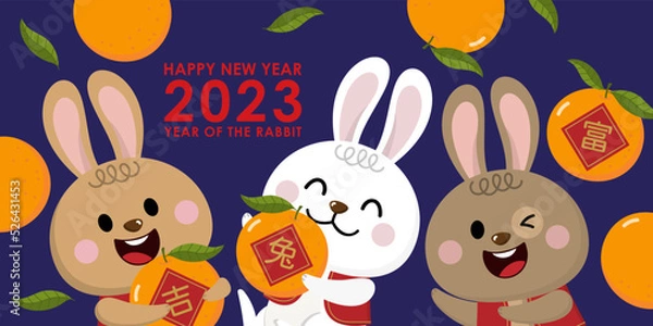 Obraz Happy Chinese new year greeting card 2023 with cute rabbit with oranges. Animal holidays cartoon character. Translate: rabbit, lucky