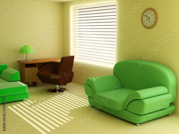 Fototapeta Interior in light tones sofa table window jalousie