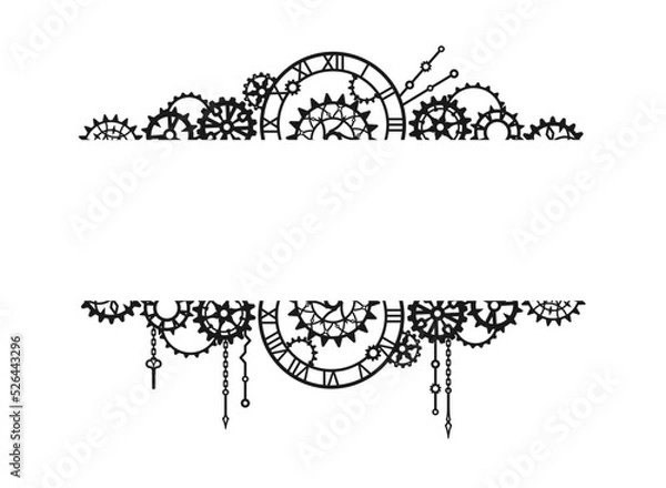 Fototapeta Black frame made of clock dial, different gears, cogwheels and chains on a white background with place for text. Vintage horizontal border. Steampunk. Vector design template for banner, flyer, signage