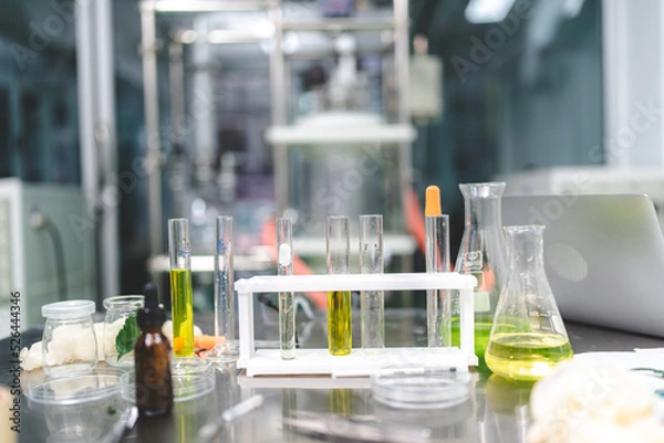 Fototapeta medical scientist with cannabis hemp research in medicine laboratory to make a herbal extract CBD chemical oil or alternative drug from marijuana leaf plant, organic nature herb in science test