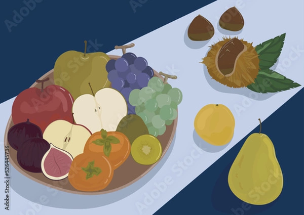 Obraz 栗、梨、柿、キウイ、葡萄、林檎、いちじく、柑橘類等、秋の果物を盛り合わせたイラスト