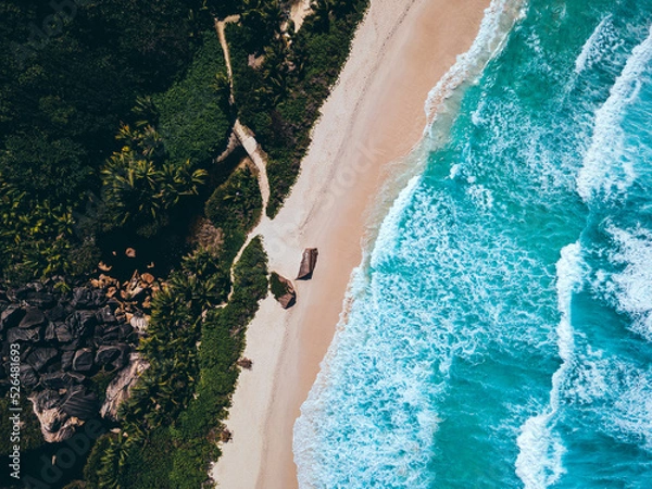 Fototapeta Amazing bird eye view with a beach on La Digue island, Seychelles