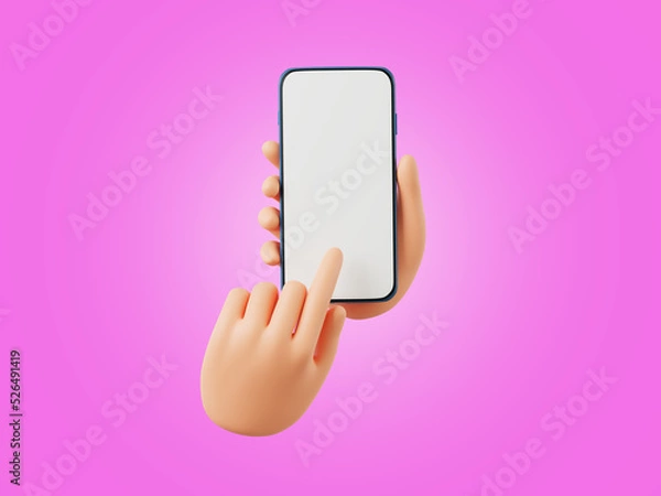 Fototapeta 3D cartoon hand using smartphone, on pink background, 3D render illustration