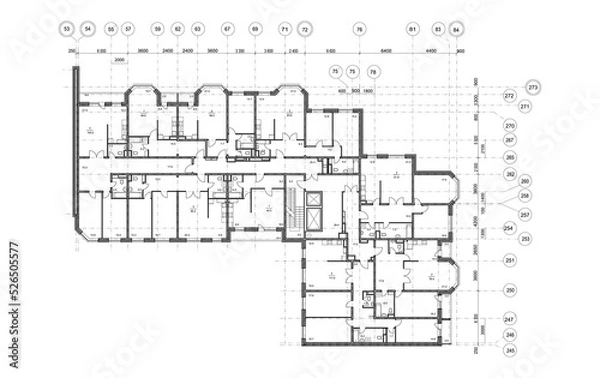 Fototapeta Detailed architectural floor plan, apartment layout, blueprint. Vector drawing of the plan of a multistory residential building