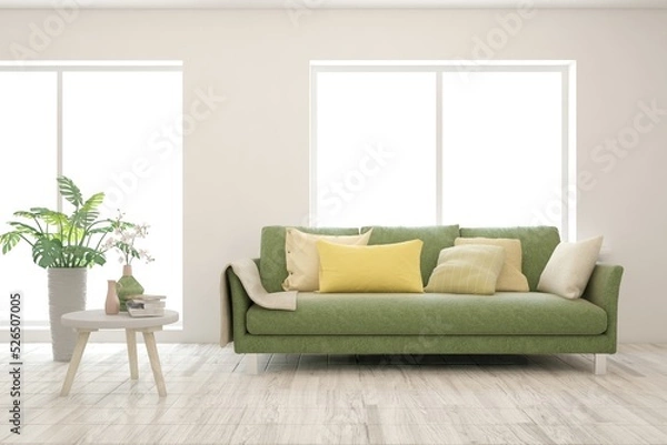 Fototapeta White living room with sofa. Scandinavian interior design. 3D illustration