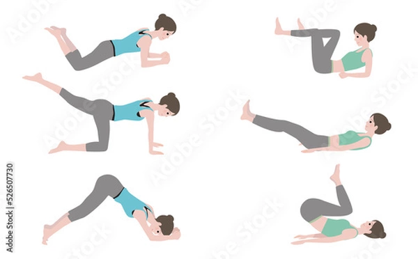 Fototapeta プランクなど腹筋をする女性のセット：ダイエット、体幹トレーニング、ボディメイク、フィットネス