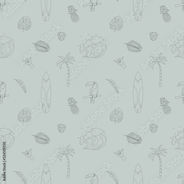 Obraz Seamless pattern with hand-drawn elements with a surf theme. Wave, surf, palm trees and more.