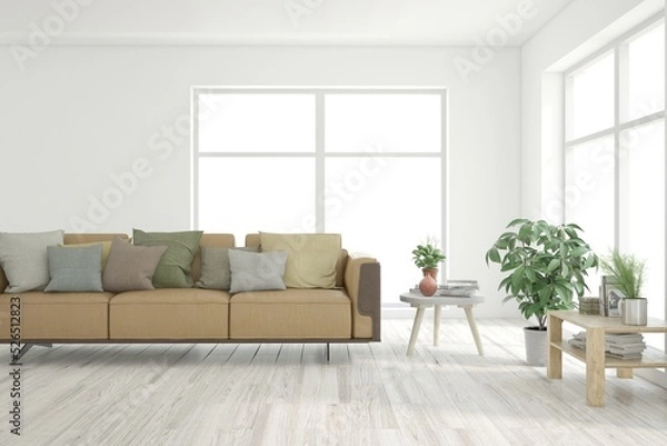 Fototapeta White living room with sofa. Scandinavian interior design. 3D illustration