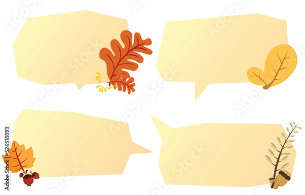 Fototapeta Set speech bubbles with brown leaves. Autumn and fall concept on white background.warm color chat vector doodle message or communication icon Cloud speaking for comics and minimal message dialog