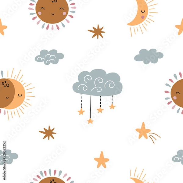 Fototapeta Seamless vector pattern with celestial bodies. Bohemian Baby Abstract Print Moon Child in Trendy Gender Neutral Colors for Nursery Fabric and Kids Room Decor