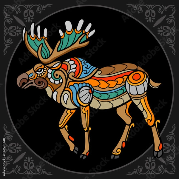 Fototapeta Colorful moose zentangle arts isolated on black background