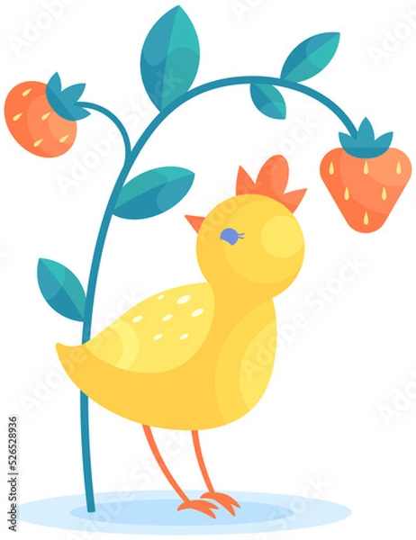Obraz Vector stylized illustration of cute chick and strawberry branch isolated on white background