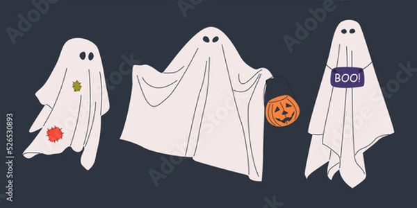 Fototapeta Set of halloween cloth ghosts in different poses. Halloween scary ghostly monsters, spirits with nameplate, patch. Floating phantoms with pumpkin basket for Trick or Treat. Creepy boo, spooky.