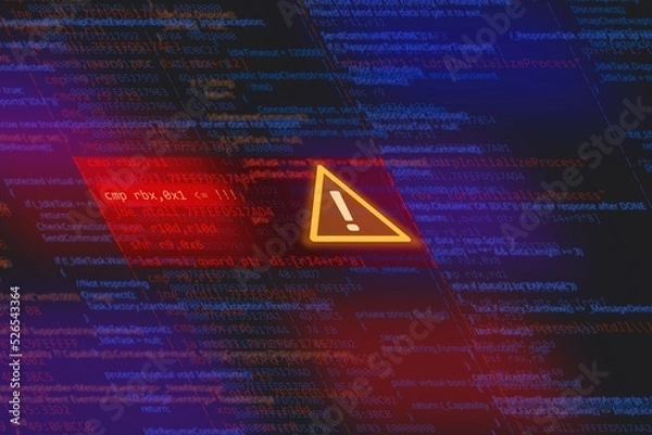 Obraz graphic illustration of yellow white exclamation mark on diagonal red highlighted assembler code and blue violet c sharp code in background