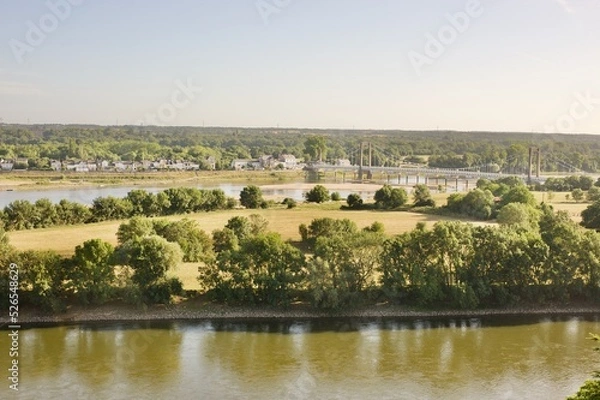 Fototapeta panorama on Loire river with bridge and village in summer time