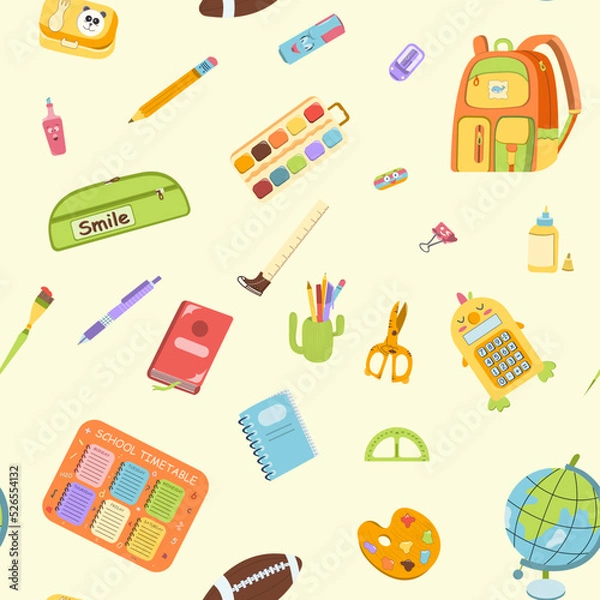 Fototapeta School seamless pattern. Supplies for studying. Cute vector illustration in flat cartoon style