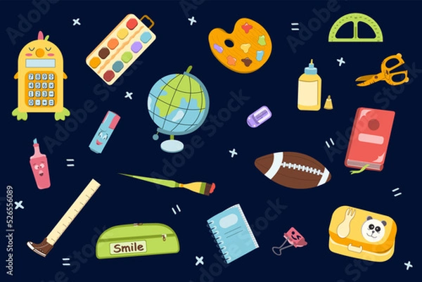 Fototapeta Back to school background with supplies on dark background. Colorful vector illustration