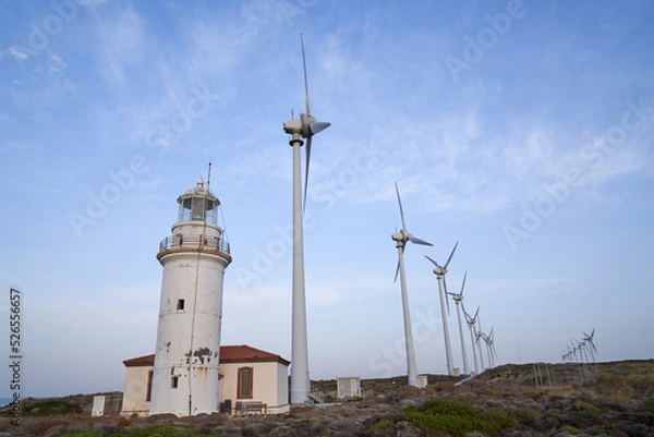 Obraz lighthouse wind turbines by the Aegean Sea Canakkale, Bozcaada in Turkey