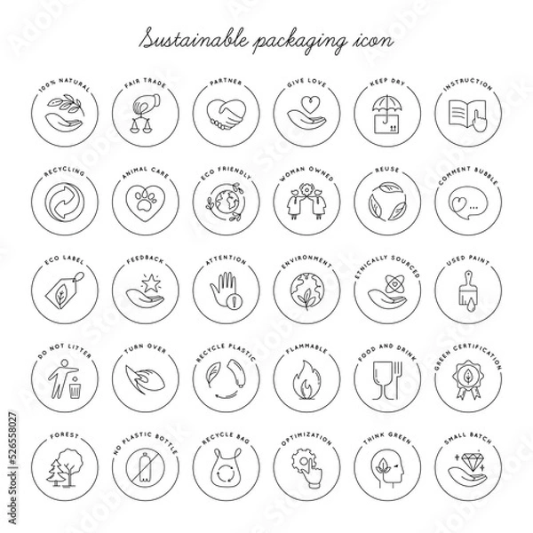 Fototapeta Vector set of linear circle design elements, logo templates, icons, and badges for eco packaging.