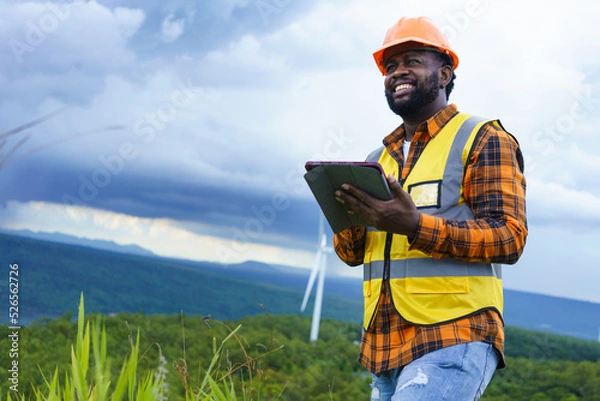 Fototapeta Black Engineer wearing safety jacket and hardhat holding tablet while working at outdoor, Smart working lifestyle.