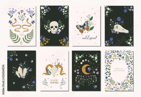Obraz Set of hand drawn vector illustration magic and mystery posters cards, banners. Halloween invitation card in modern retro vintage floral style. Green witch, green magic, witchcraft concept