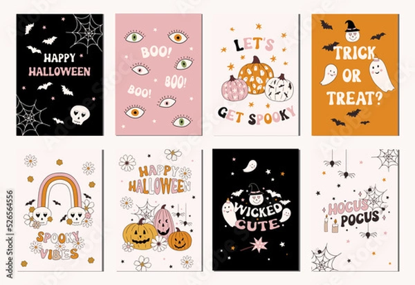 Fototapeta Set of hand drawn vector illustration fall autumn posters and cards, banners. Halloween invitation card, banner design in modern retro vintage groovy 60s 70s style.