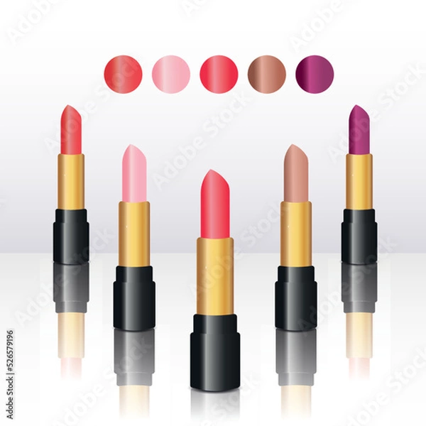 Fototapeta five lipsticks in red purple brown beige orange in a glossy black case on a white background with reflection