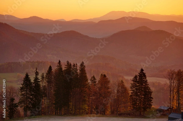 Obraz Beautiful colorful scenic view of trees and mountains in Králiky, Slovakia in the early morning at sunrise