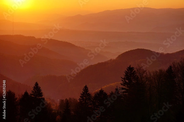 Obraz Colorful landscape with trees and mountains; sunrise view from Králiky, Slovakia