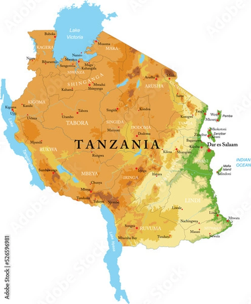 Obraz Tanzania highly detailed physical map