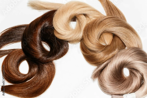 Fototapeta Curved hair samples for extension rolled up,different colors.White background.
